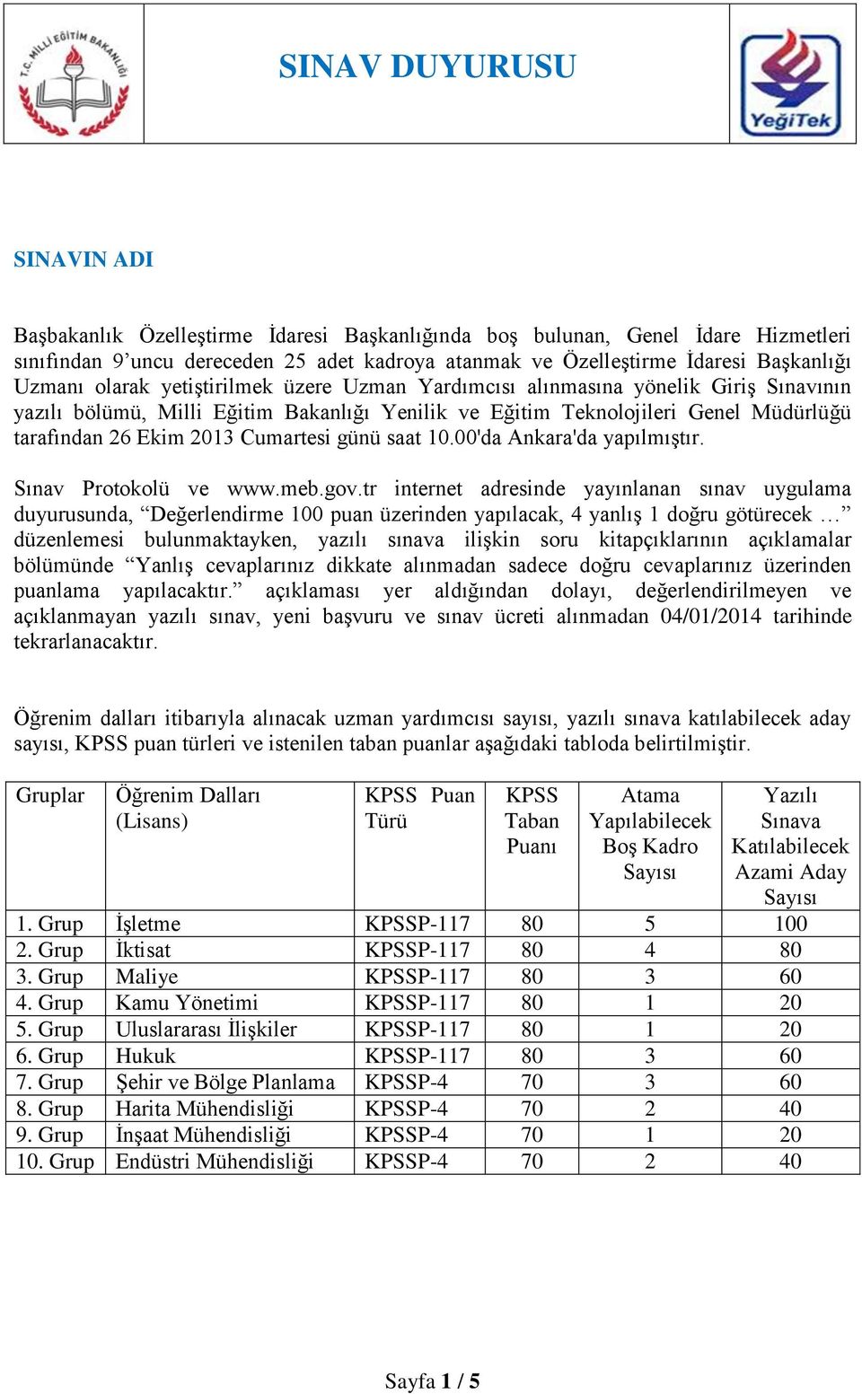 Cumartesi günü saat 10.00'da Ankara'da yapılmıştır. Sınav Protokolü ve www.meb.gov.