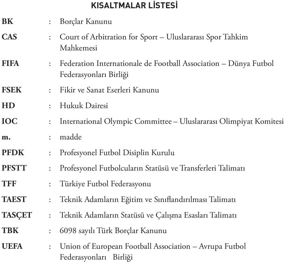 : madde PFDK : Profesyonel Futbol Disiplin Kurulu PFSTT : Profesyonel Futbolcuların Statüsü ve Transferleri Talimatı TFF : Türkiye Futbol Federasyonu TAEST : Teknik Adamların Eğitim
