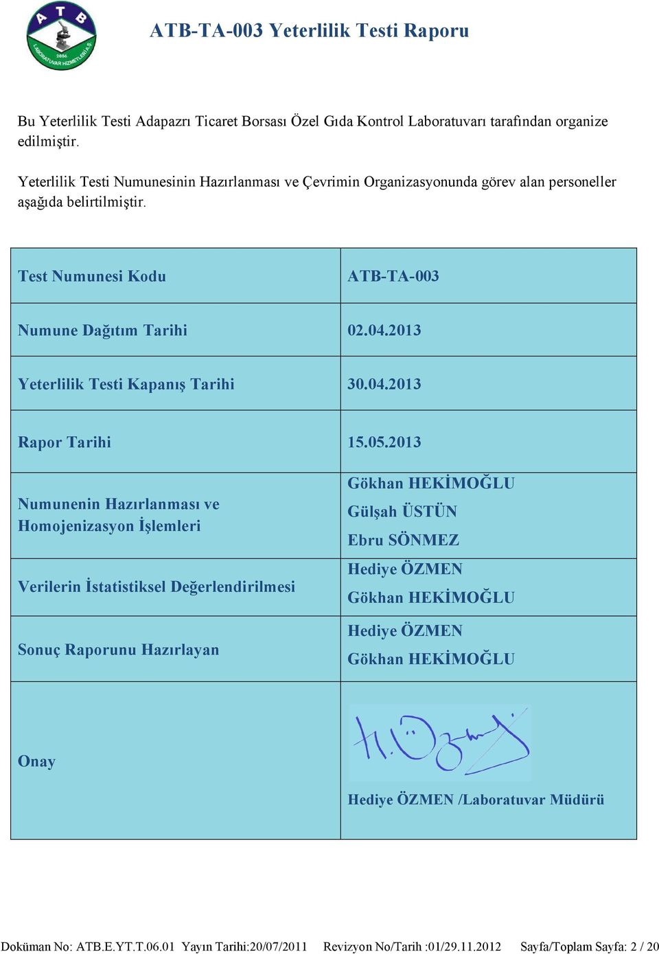 2013 Yeterlilik Testi Kapanış Tarihi 30.04.2013 Rapor Tarihi 15.05.