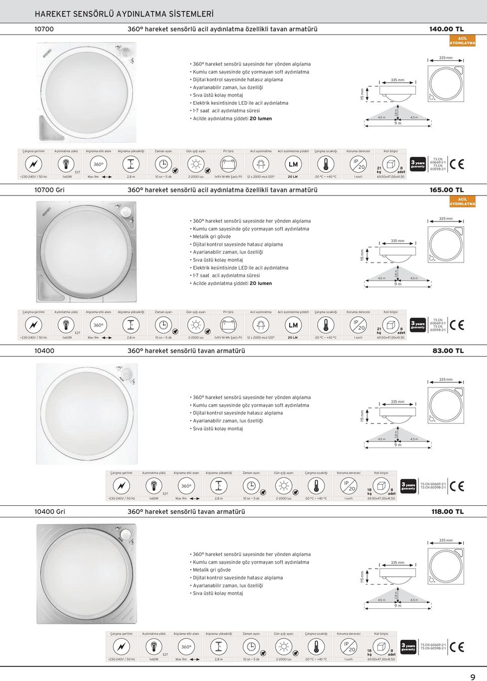 kesintisinde ile acil ayd nlatma 115 mm 17 saat acil aydınlatma süresi Acilde ayd nlatma fliddeti lumen Pil türü Acil ayd nlatma Acil ayd nlatma fliddeti E7 + 1 606691 60591 ~3040V / 50 Hz 1x60W 00