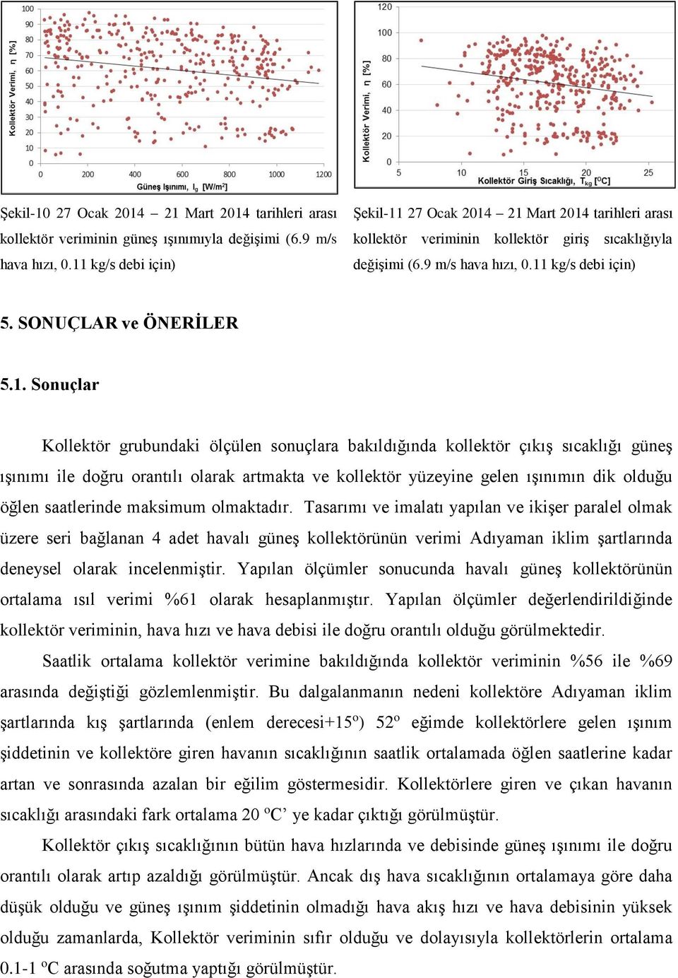 Sonuçlar Kollektör grubundaki ölçülen sonuçlara bakıldığında kollektör çıkış sıcaklığı güneş ışınımı ile doğru orantılı olarak artmakta ve kollektör yüzeyine gelen ışınımın dik olduğu öğlen