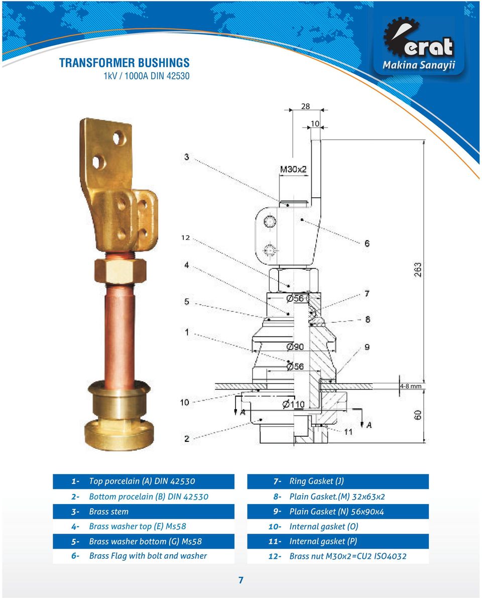 (M) 32x63x2 3- Brass stem 9- Plain Gasket (N) 56x90x4 4- Brass washer top (E) Ms58 10- Internal