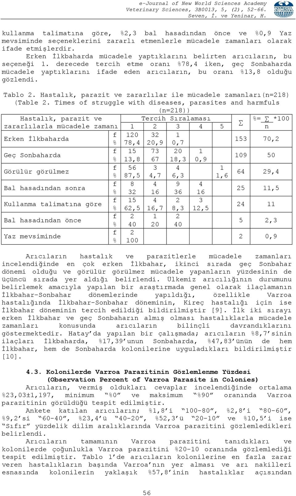 Tablo 2. Hastalık, parazit ve zararlılar ile mücadele zamaları(=218) (Table 2.