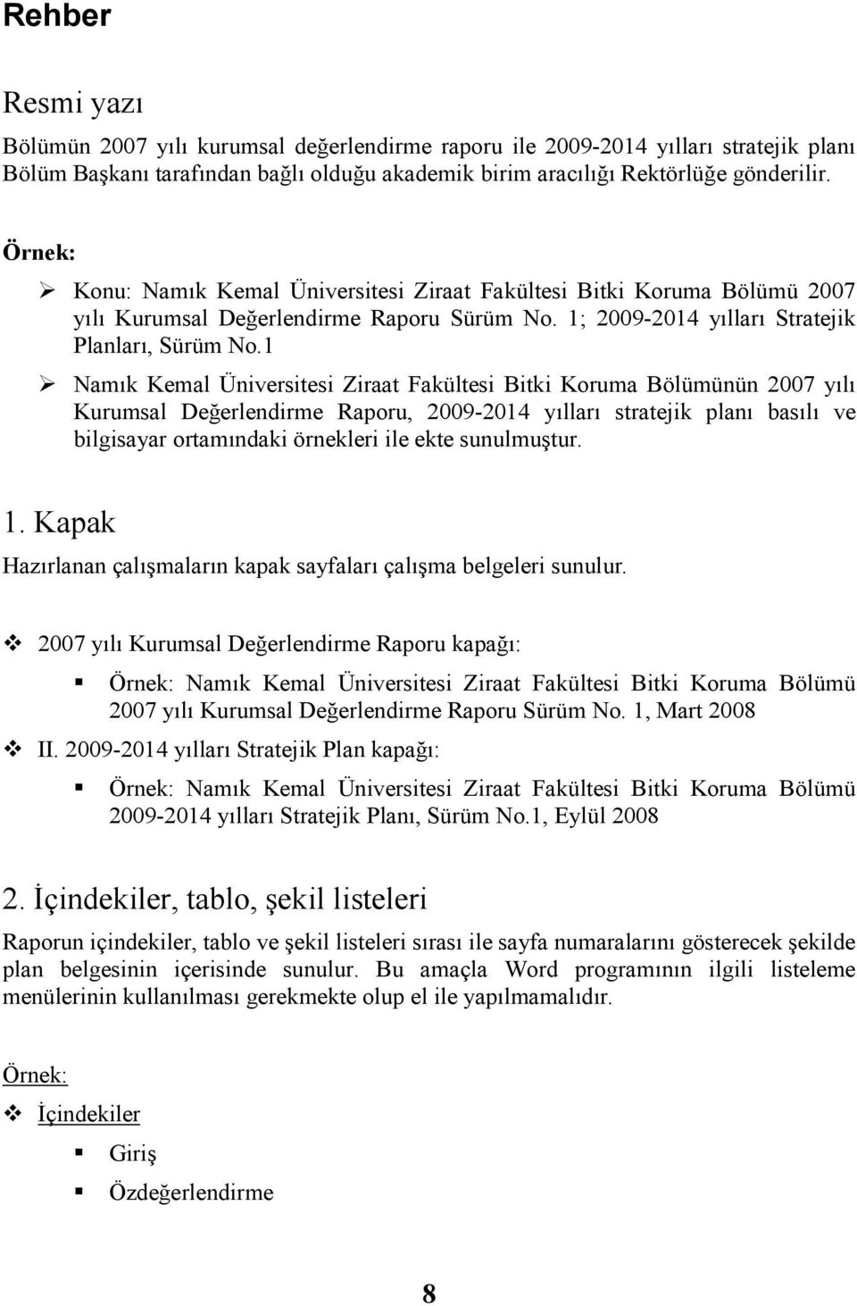 1 Namık Kemal Üniversitesi Ziraat Fakültesi Bitki Koruma Bölümünün 2007 yılı Kurumsal Değerlendirme Raporu, 2009-2014 yılları stratejik planı basılı ve bilgisayar ortamındaki örnekleri ile ekte