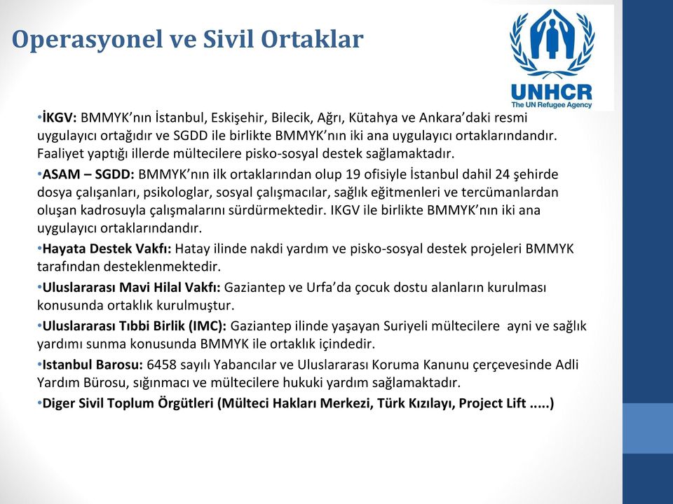 ASAM SGDD: BMMYK nın ilk ortaklarından olup 19 ofisiyle İstanbul dahil 24 şehirde dosya çalışanları, psikologlar, sosyal çalışmacılar, sağlık eğitmenleri ve tercümanlardan oluşan kadrosuyla