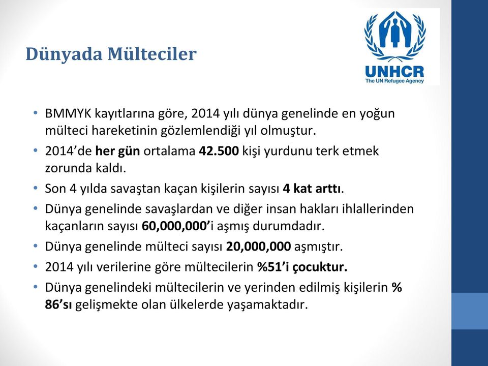 Dünya genelinde savaşlardan ve diğer insan hakları ihlallerinden kaçanların sayısı 60,000,000 i aşmış durumdadır.