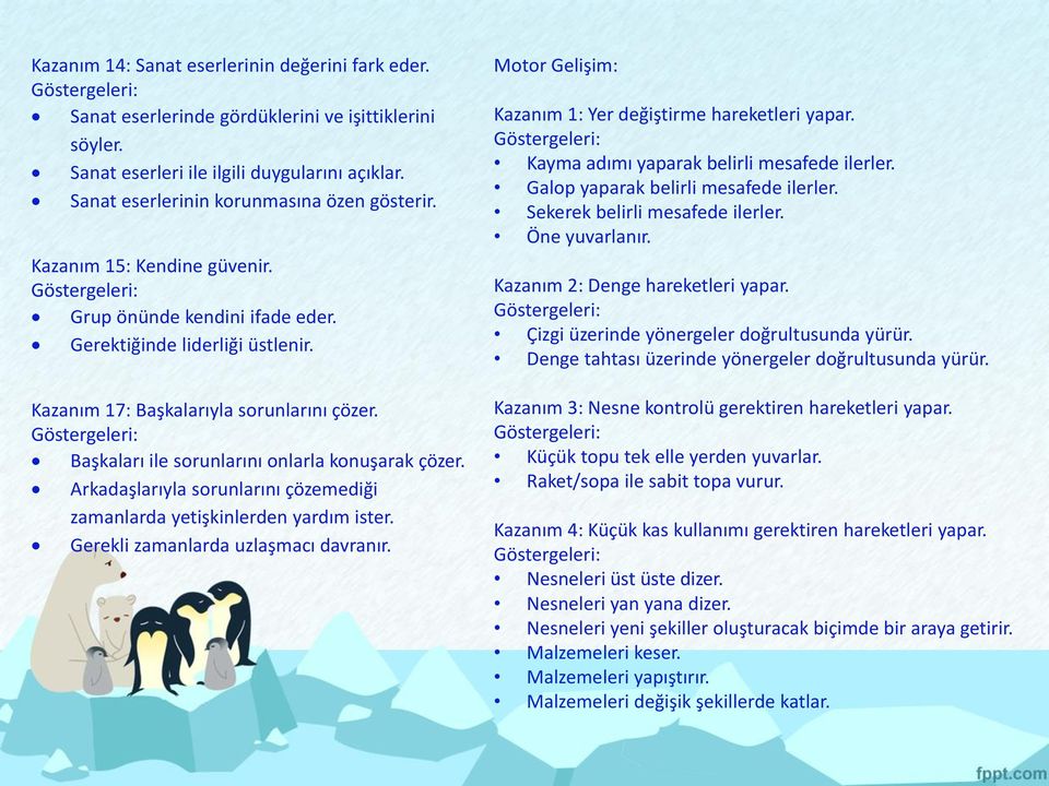 Arkadaşlarıyla sorunlarını çözemediği zamanlarda yetişkinlerden yardım ister. Gerekli zamanlarda uzlaşmacı davranır. Motor Gelişim: Kazanım 1: Yer değiştirme hareketleri yapar.