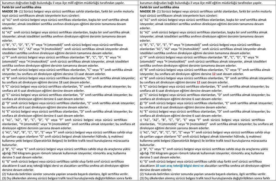 sınıfı sürücü belgesi veya sürücü sertifikası olanlardan, başka bir sınıf sertifika almak isteyenler; almak istedikleri sertifika sınıfının direksiyon eğitimi dersinin tamamına devam ederler.