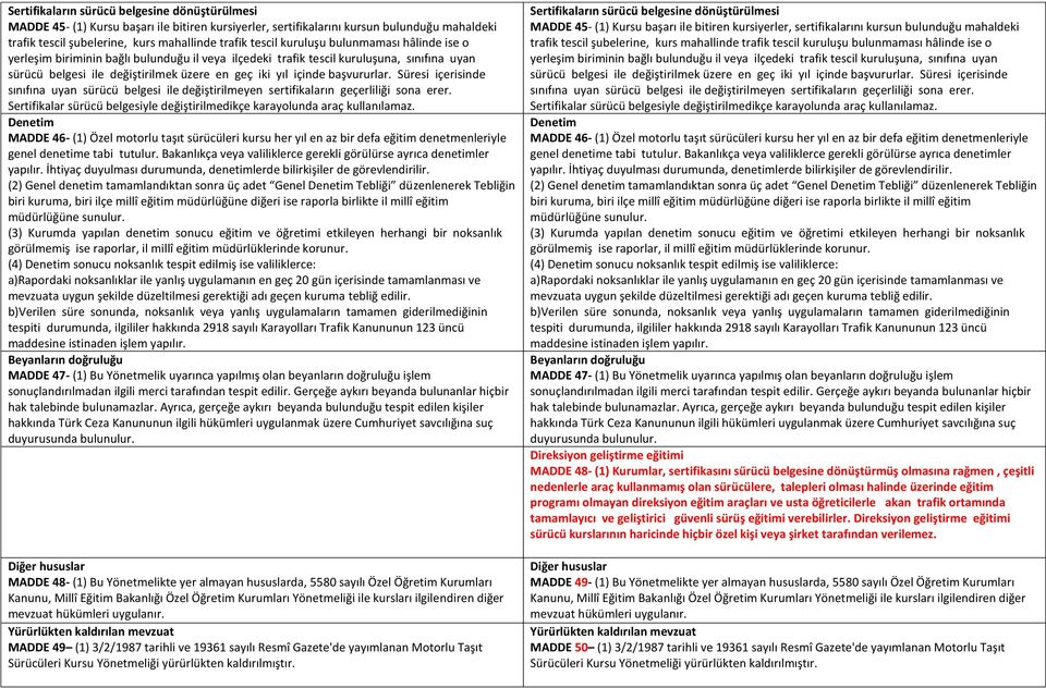 Süresi içerisinde sınıfına uyan sürücü belgesi ile değiştirilmeyen sertifikaların geçerliliği sona erer. Sertifikalar sürücü belgesiyle değiştirilmedikçe karayolunda araç kullanılamaz.