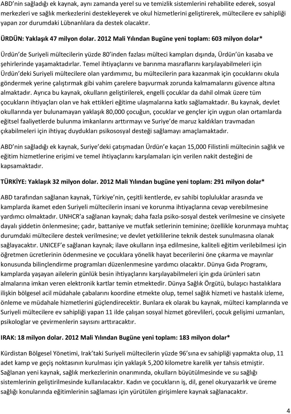 2012 Mali Yılından Bugüne yeni toplam: 603 milyon * Ürdün de Suriyeli mültecilerin yüzde 80 inden fazlası mülteci kampları dışında, Ürdün ün kasaba ve şehirlerinde yaşamaktadırlar.