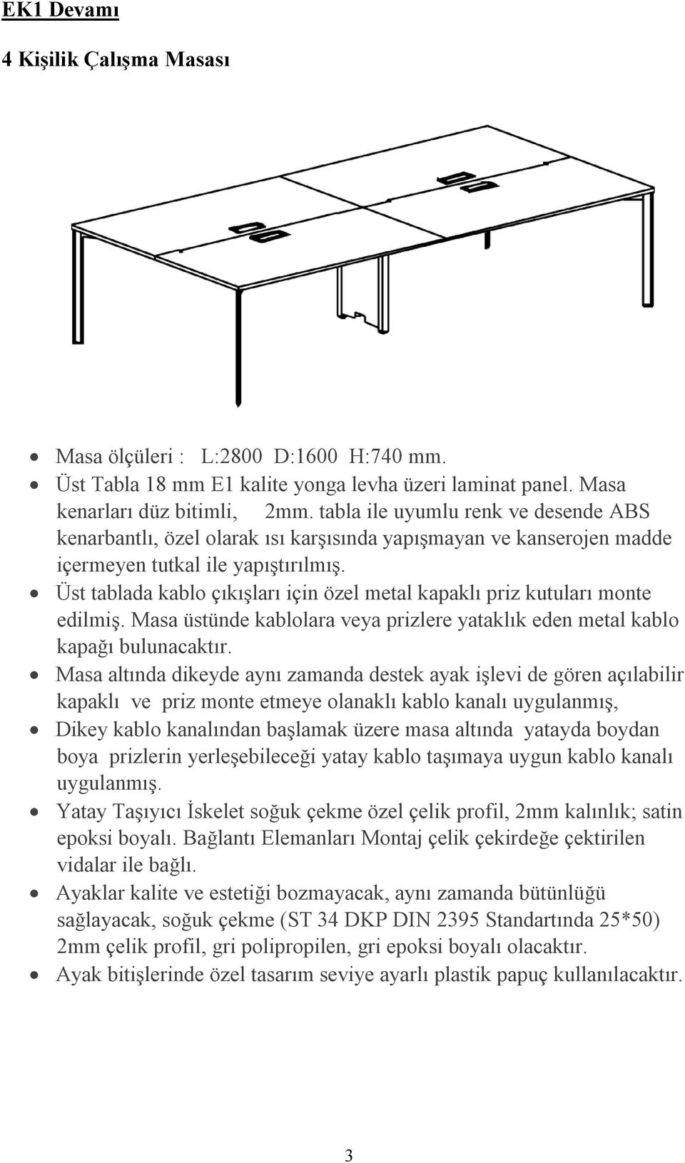 Üst tablada kablo çıkışları için özel metal kapaklı priz kutuları monte edilmiş. Masa üstünde kablolara veya prizlere yataklık eden metal kablo kapağı bulunacaktır.