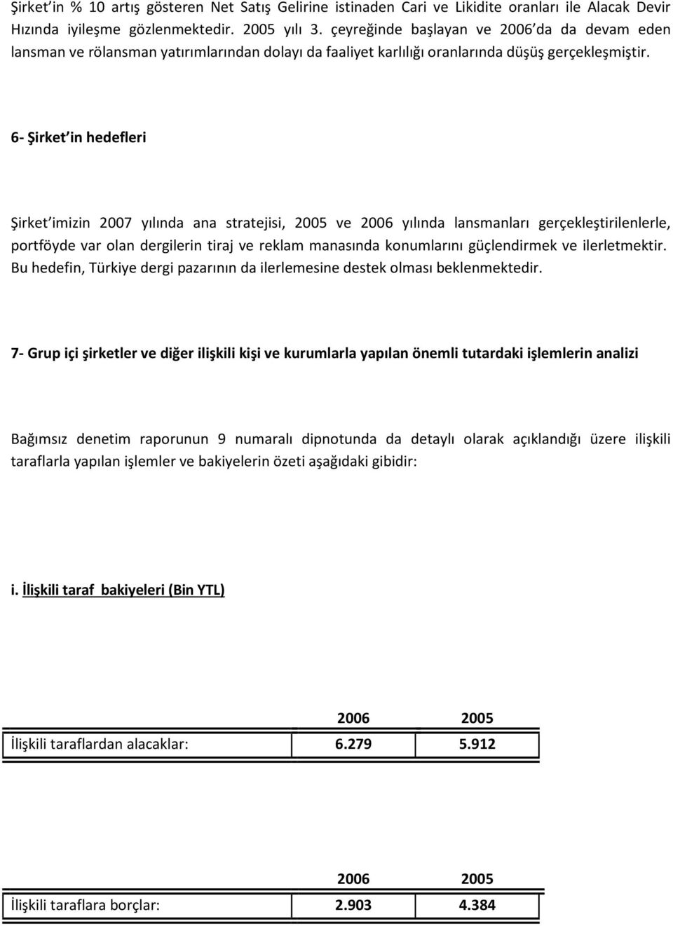 6- Şirket in hedefleri Şirket imizin 2007 yılında ana stratejisi, 2005 ve 2006 yılında lansmanları gerçekleştirilenlerle, portföyde var olan dergilerin tiraj ve reklam manasında konumlarını