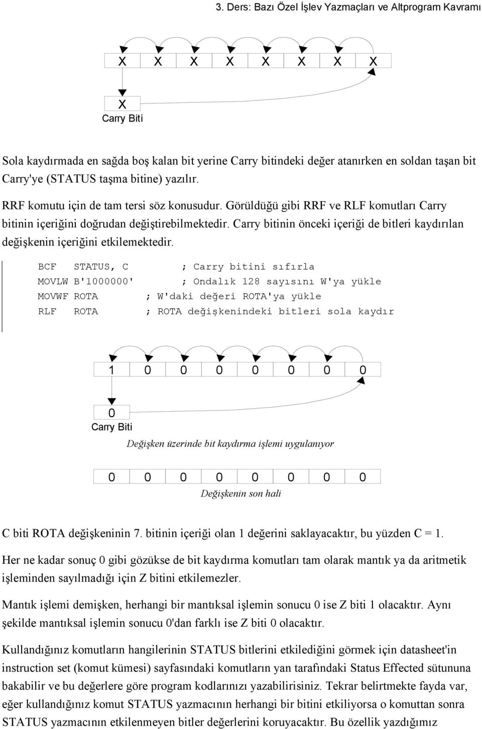 Carry bitinin önceki içeriği de bitleri kaydırılan değişkenin içeriğini etkilemektedir.