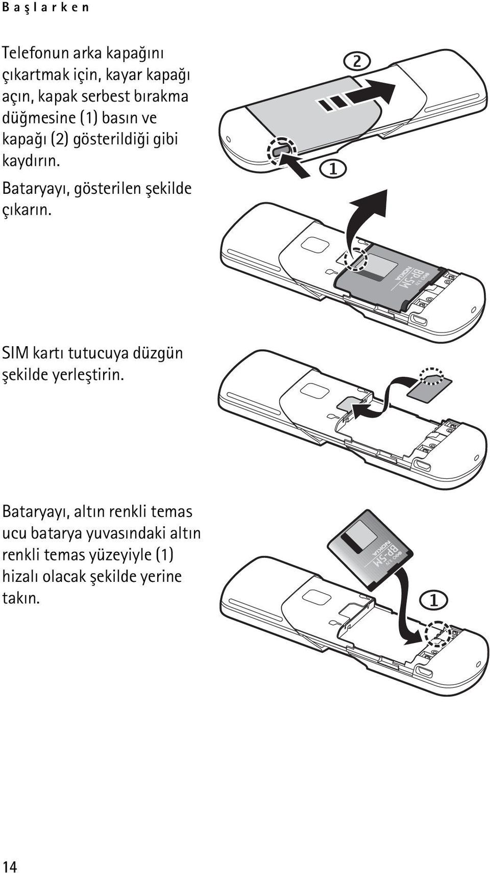 Bataryayý, gösterilen þekilde çýkarýn. SIM kartý tutucuya düzgün þekilde yerleþtirin.