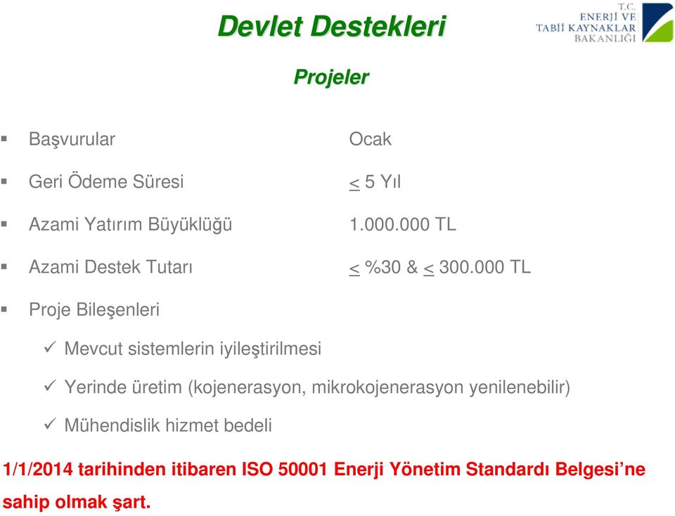 000 TL Proje Bileşenleri Mevcut sistemlerin iyileştirilmesi Yerinde üretim (kojenerasyon,