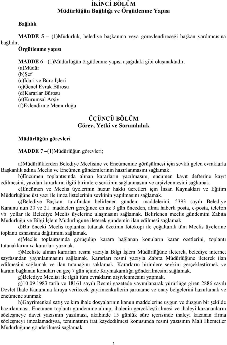 (a)müdür (b)şef (c)idari ve Büro İşleri (ç)genel Evrak Bürosu (d)kararlar Bürosu (e)kurumsal Arşiv (f)evlendirme Memurluğu Müdürlüğün görevleri MADDE 7 (1)Müdürlüğün görevleri; ÜÇÜNCÜ BÖLÜM Görev,