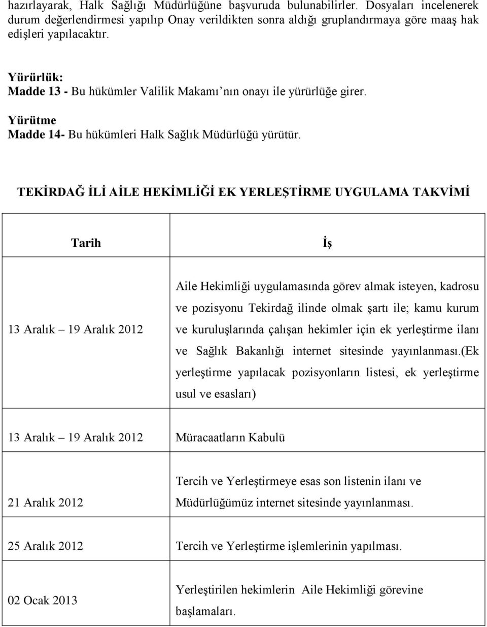 TEKİRDAĞ İLİ AİLE HEKİMLİĞİ EK YERLEŞTİRME UYGULAMA TAKVİMİ Tarih İş 13 Aralık 19 Aralık 2012 Aile Hekimliği uygulamasında görev almak isteyen, kadrosu ve pozisyonu Tekirdağ ilinde olmak şartı ile;