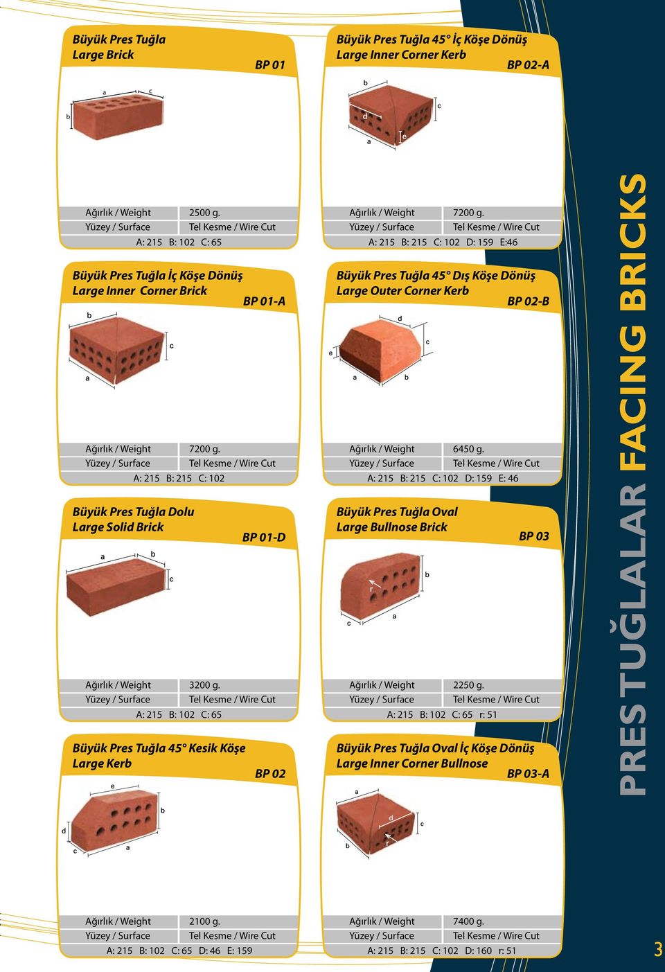 Büyük Pres Tuğla 45 Kesik Köşe Large Kerb BP 01-D BP 02 Büyük Pres Tuğla Oval Large Bullnose Brick 7200 g.