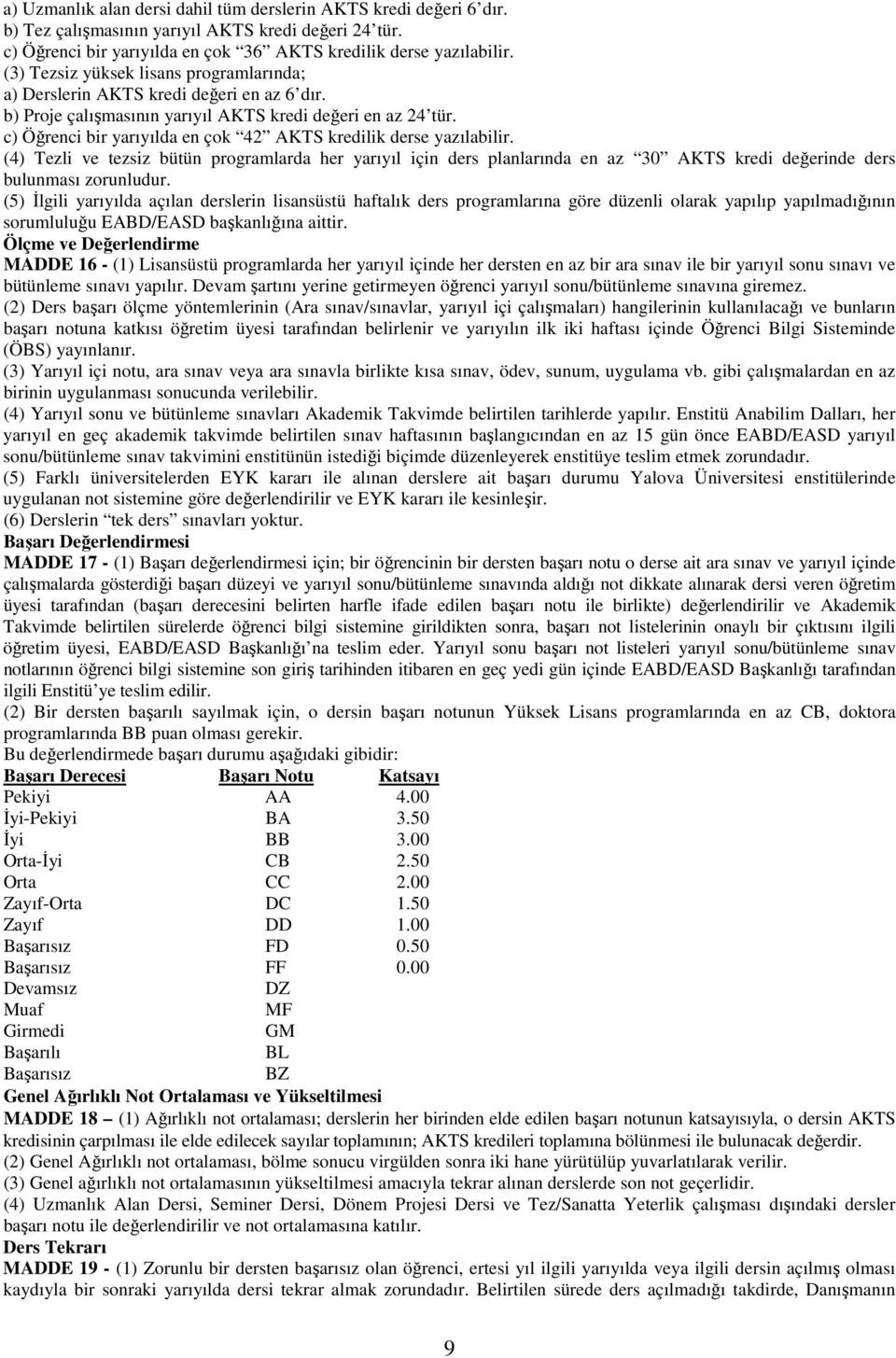 c) Öğrenci bir yarıyılda en çok 42 AKTS kredilik derse yazılabilir. (4) Tezli ve tezsiz bütün programlarda her yarıyıl için ders planlarında en az 30 AKTS kredi değerinde ders bulunması zorunludur.