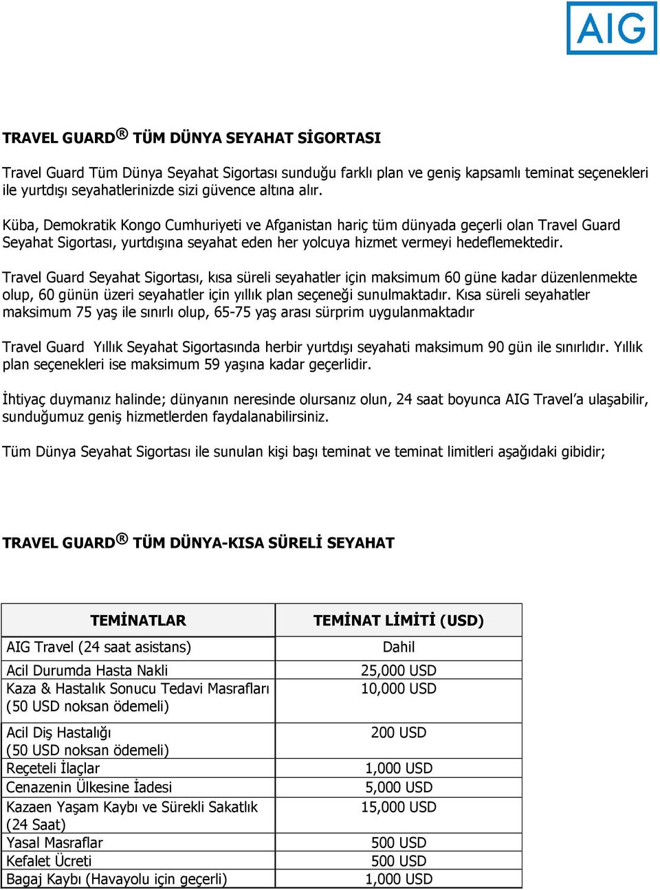 Travel Guard Seyahat Sigortası, kısa süreli seyahatler için maksimum 60 güne kadar düzenlenmekte olup, 60 günün üzeri seyahatler için yıllık plan seçeneği sunulmaktadır.