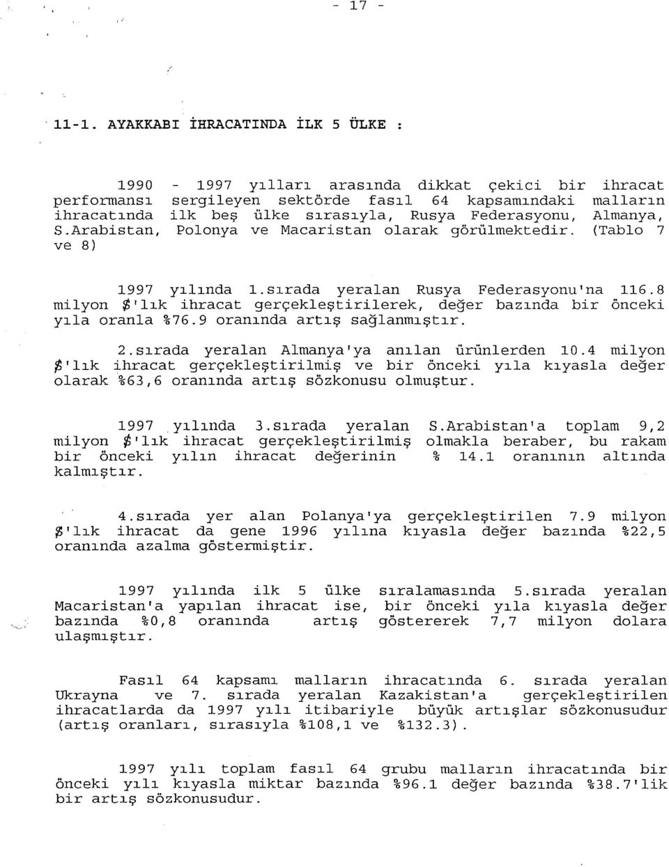 görülmektedir. (Tablo 7 1997 yılında l.sırada yeralan Rusya Federasyonu'na 116.8 milyon $'lık ihracat gerçekleştirilerek, değer bazında bir önceki yıla oranla %76.9 oranında artış sağlanmıştır. 2.