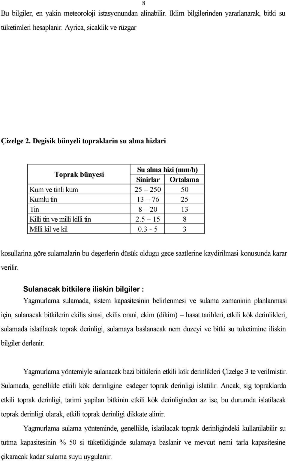 5 15 8 Milli kil ve kil 0.3-5 3 kosullarina göre sulamalarin bu degerlerin düsük oldugu gece saatlerine kaydirilmasi konusunda karar verilir.