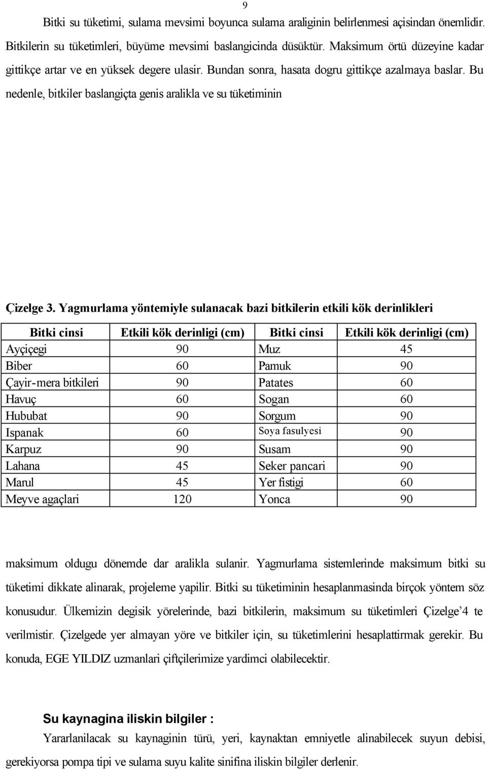 Bu nedenle, bitkiler baslangiçta genis aralikla ve su tüketiminin Çizelge 3.