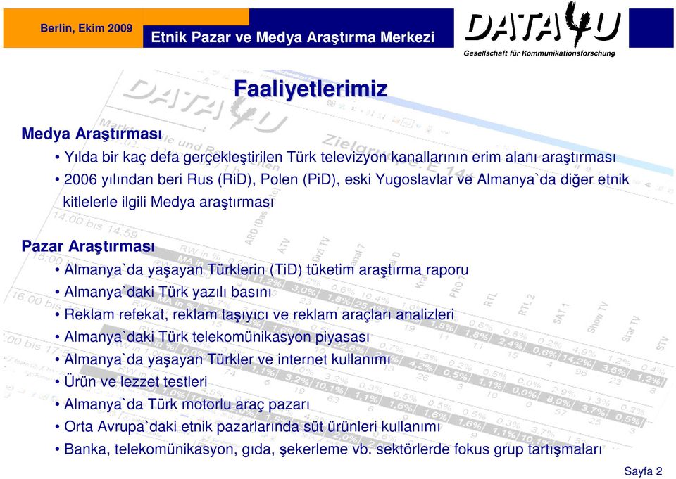reklam taşıyıcı ve reklam araçları analizleri Almanya`daki Türk telekomünikasyon piyasası Almanya`da yaşayan Türkler ve internet kullanımı Ürün ve lezzet testleri Almanya`da Türk motorlu