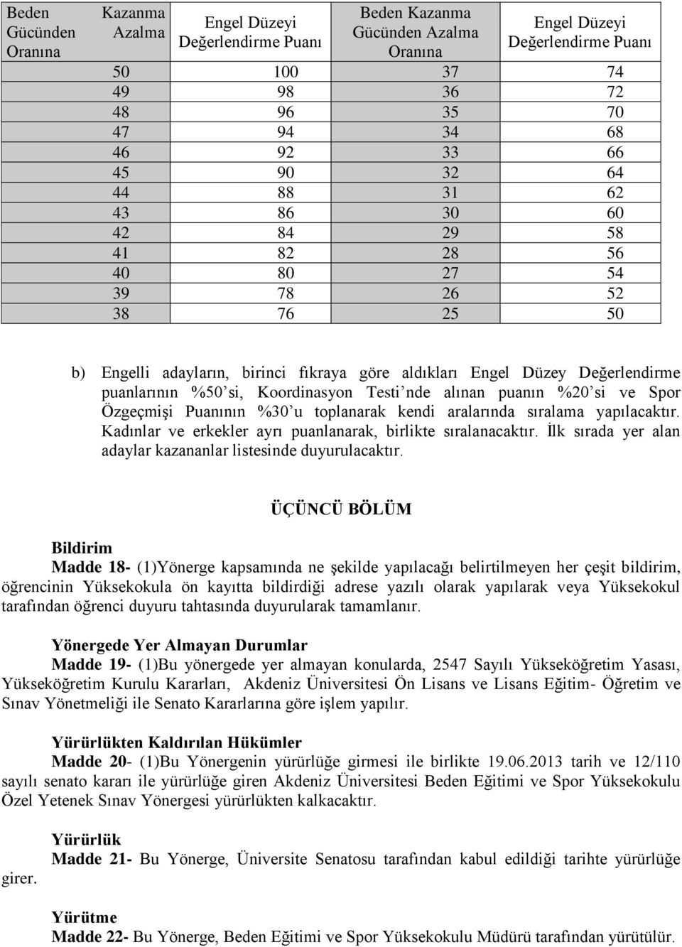 Koordinasyon Testi nde alınan puanın %20 si ve Spor Özgeçmişi Puanının %30 u toplanarak kendi aralarında sıralama yapılacaktır. Kadınlar ve erkekler ayrı puanlanarak, birlikte sıralanacaktır.