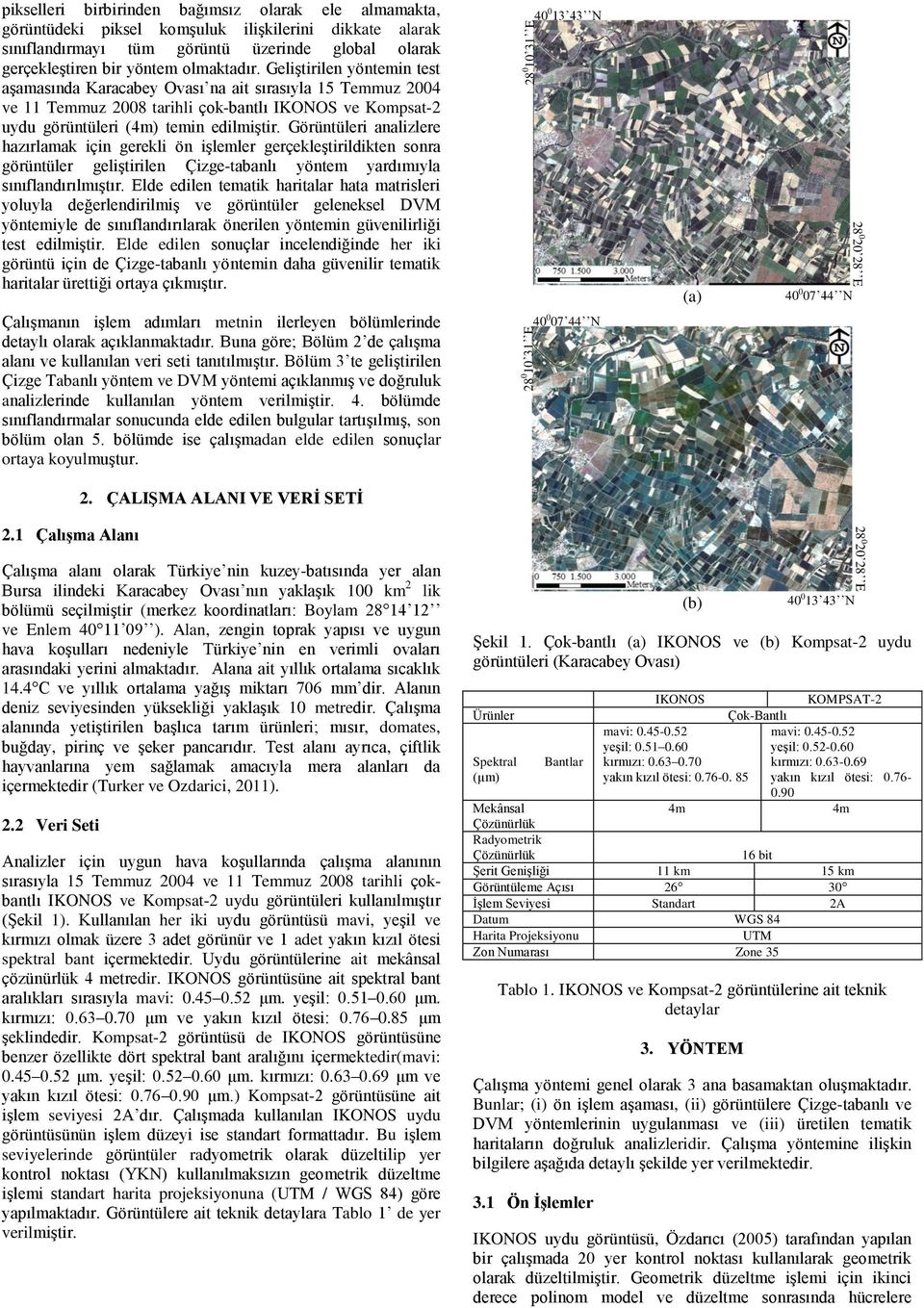 Geliştirilen yöntemin test aşamasında Karacabey Ovası na ait sırasıyla 15 Temmuz 2004 ve 11 Temmuz 2008 tarihli çok-bantlı IKONOS ve Kompsat-2 uydu görüntüleri (4m) temin edilmiştir.