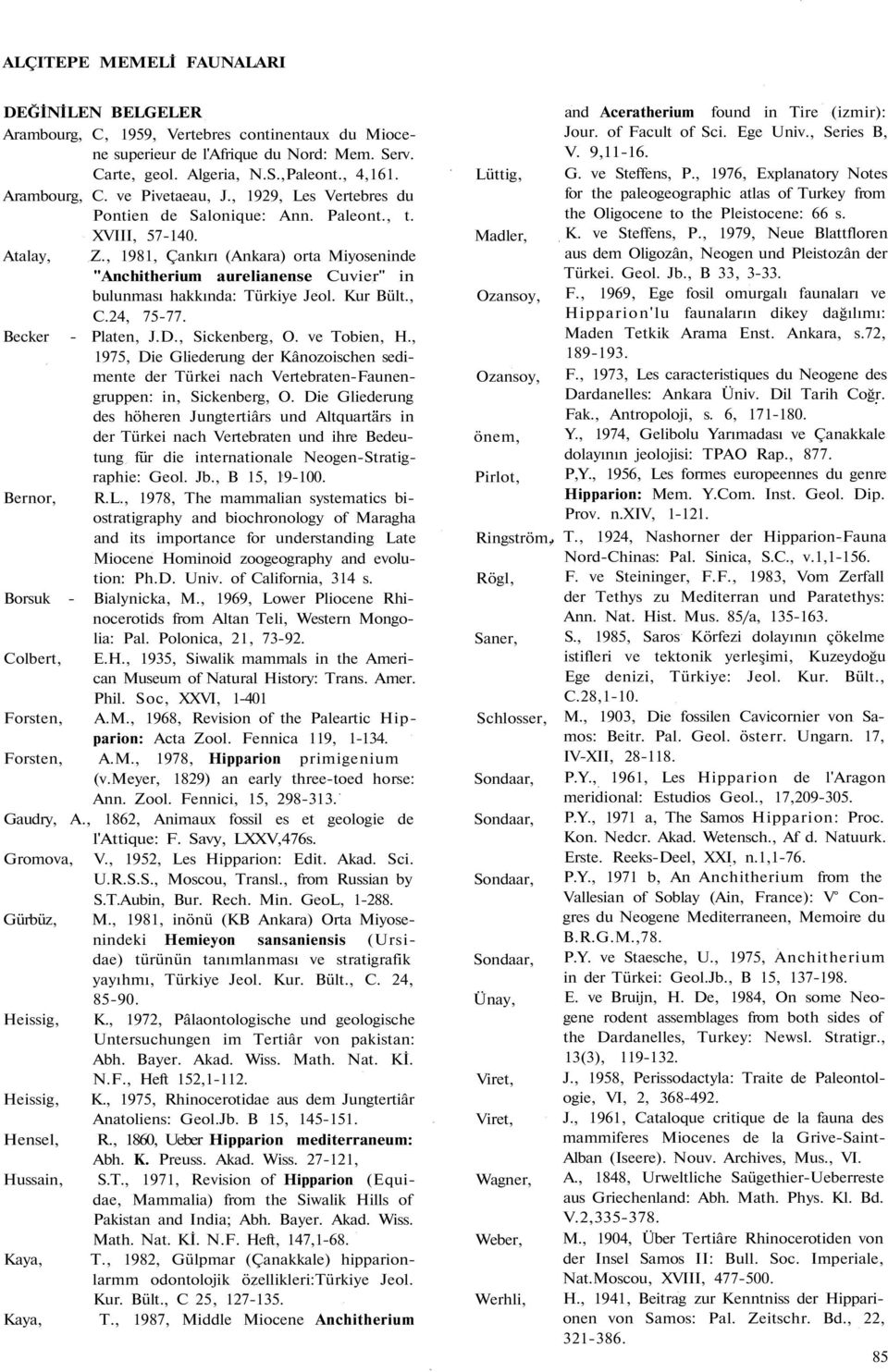 , 1981, Çankırı (Ankara) orta Miyoseninde "Anchitherium aurelianense Cuvier" in bulunması hakkında: Türkiye Jeol. Kur Bült., Ozansoy, C.24, 75-77. Becker - Platen, J.D., Sickenberg, O. ve Tobien, H.
