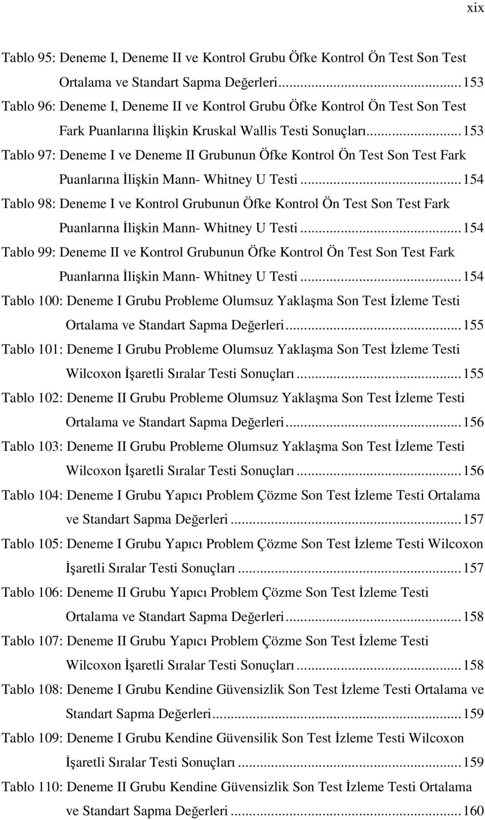 ..153 Tablo 97: Deneme I ve Deneme II Grubunun Öfke Kontrol Ön Test Son Test Fark Puanlarına İlişkin Mann- Whitney U Testi.