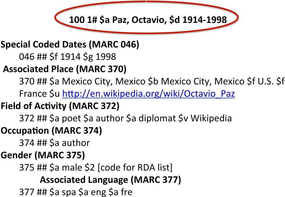 org/wiki/octavio_paz Field of Ac2vity (MARC 372) 372 ## $a poet $a author $a diplomat $v Wikipedia Occupa2on (MARC