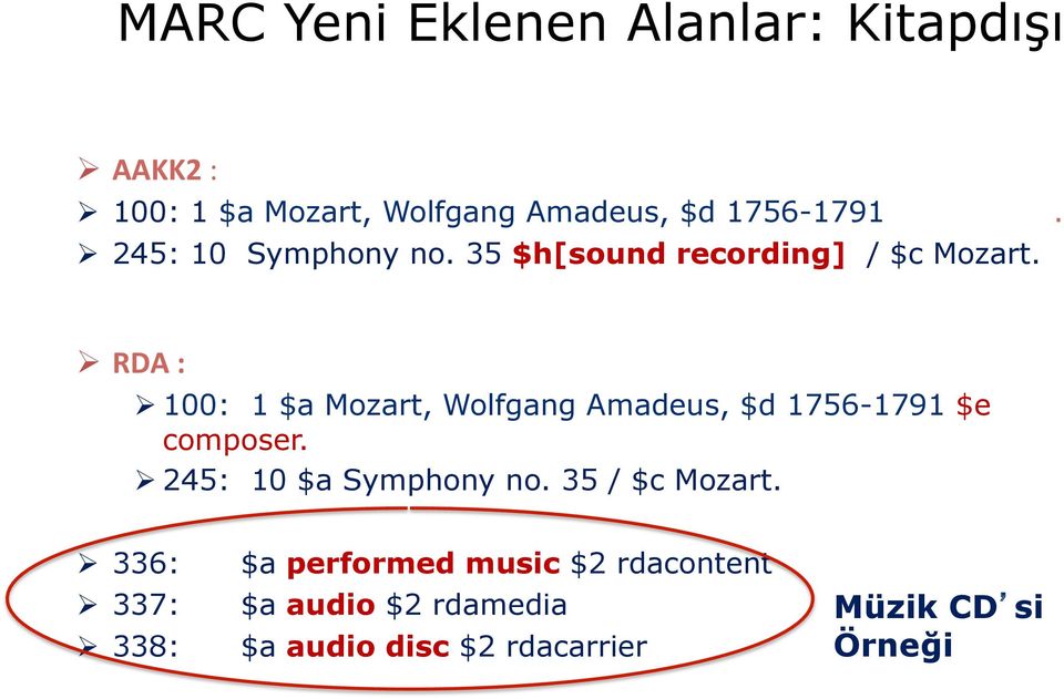 Ø RDA : Ø 100: 1 $a Mozart, Wolfgang Amadeus, $d 1756-1791 $e composer. Ø 245: 10 $a Symphony no.