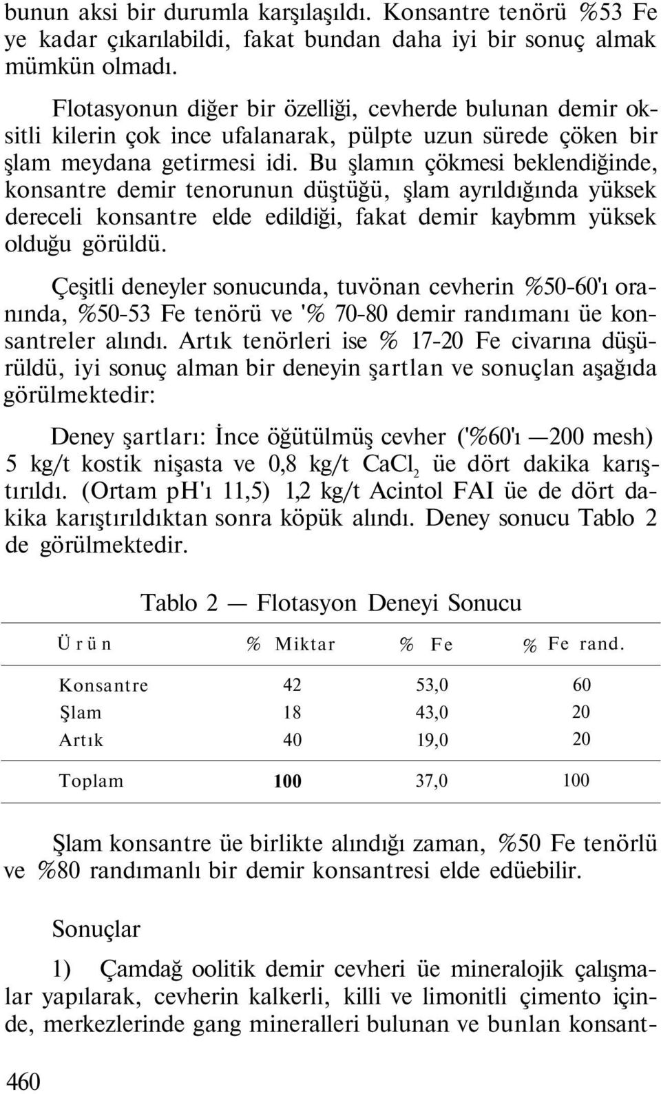 Bu şlamın çökmesi beklendiğinde, konsantre demir tenorunun düştüğü, şlam ayrıldığında yüksek dereceli konsantre elde edildiği, fakat demir kaybmm yüksek olduğu görüldü.