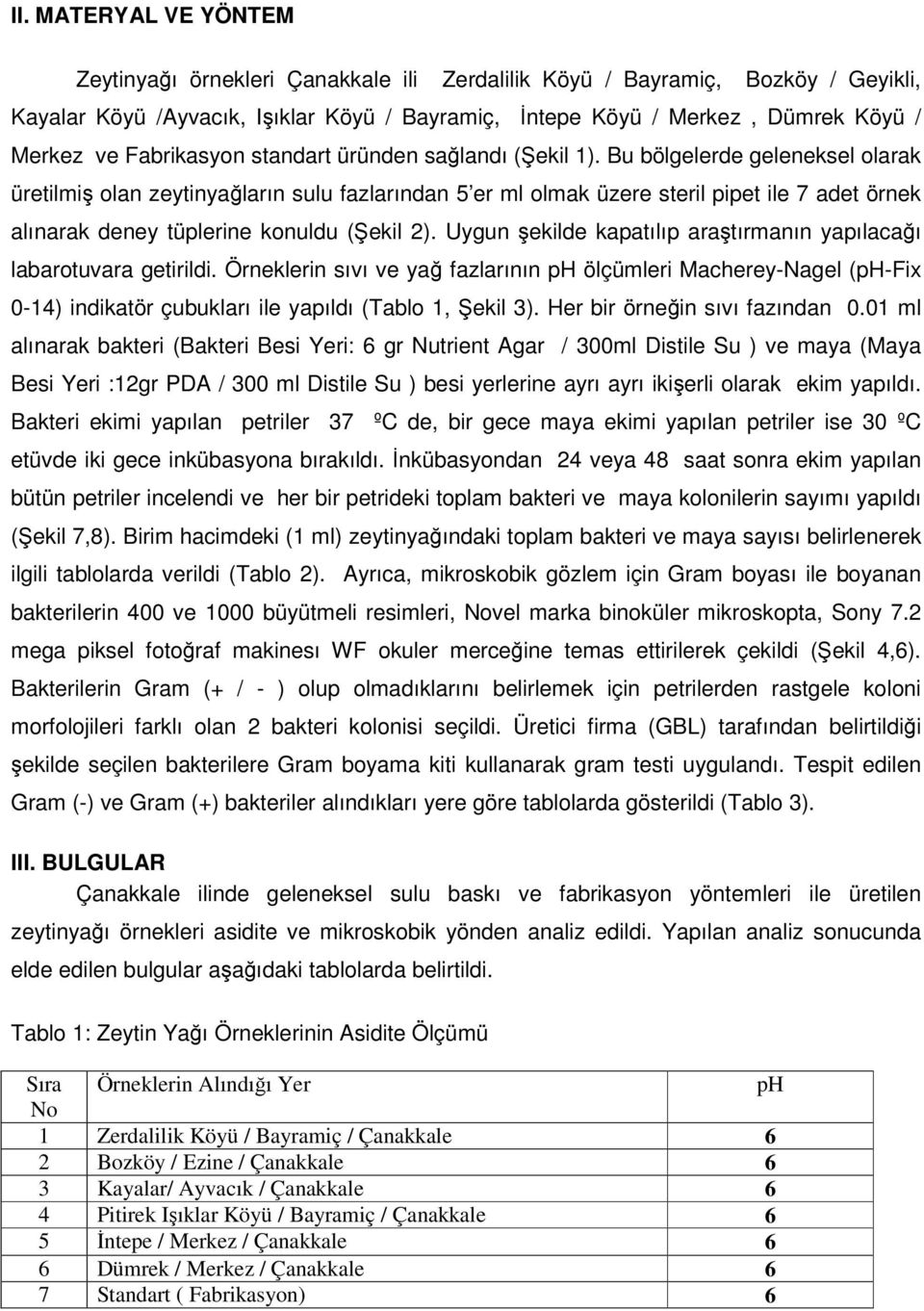 Bu bölgelerde geleneksel olarak üretilmiş olan zeytinyağların sulu fazlarından 5 er ml olmak üzere steril pipet ile 7 adet örnek alınarak deney tüplerine konuldu (Şekil 2).