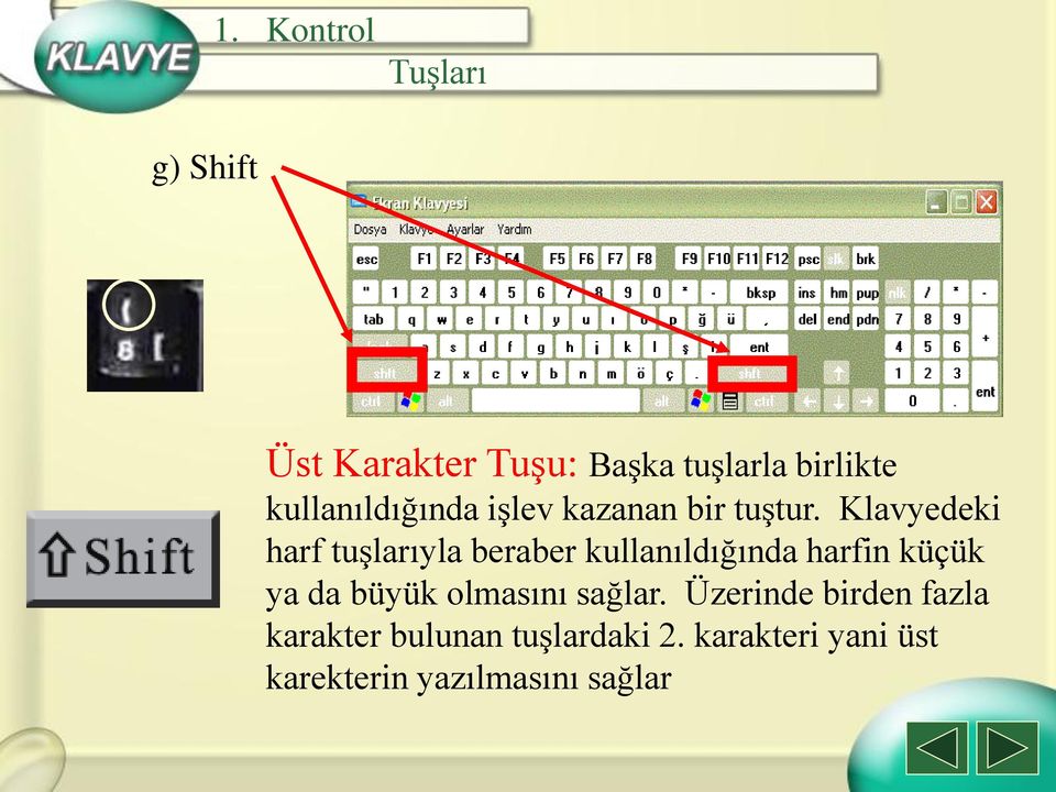 Klavyedeki harf tuşlarıyla beraber kullanıldığında harfin küçük ya da