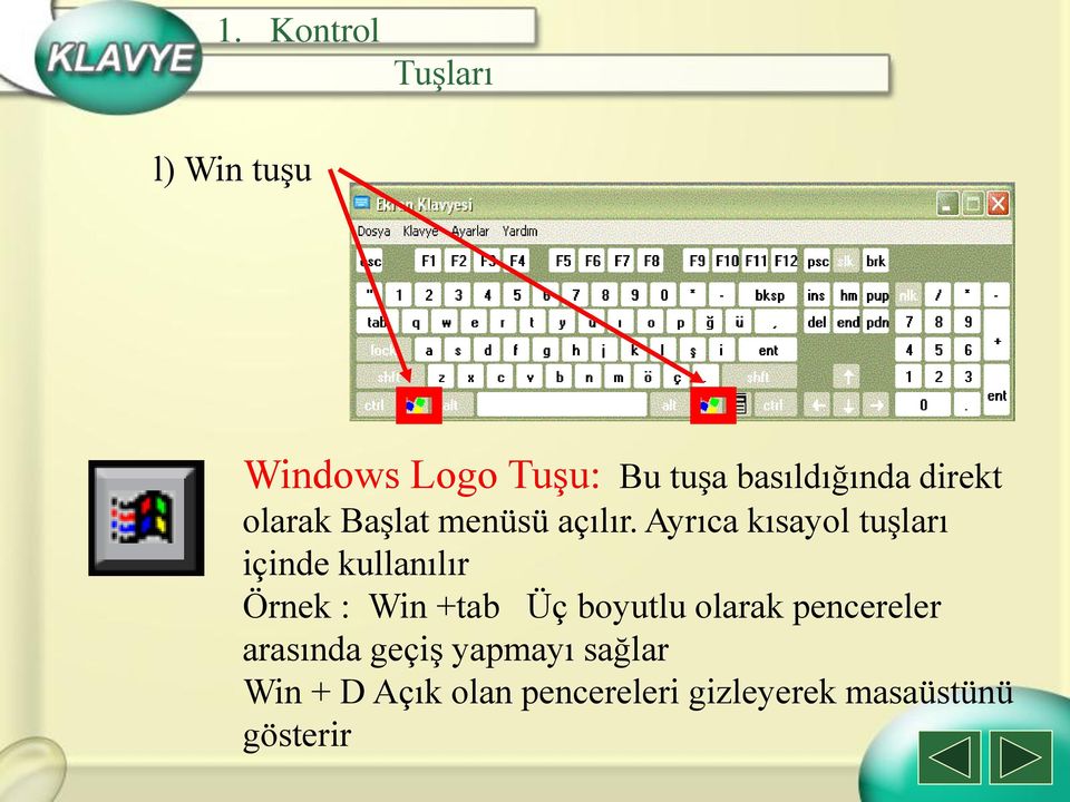 Ayrıca kısayol tuşları içinde kullanılır Örnek : Win +tab Üç boyutlu