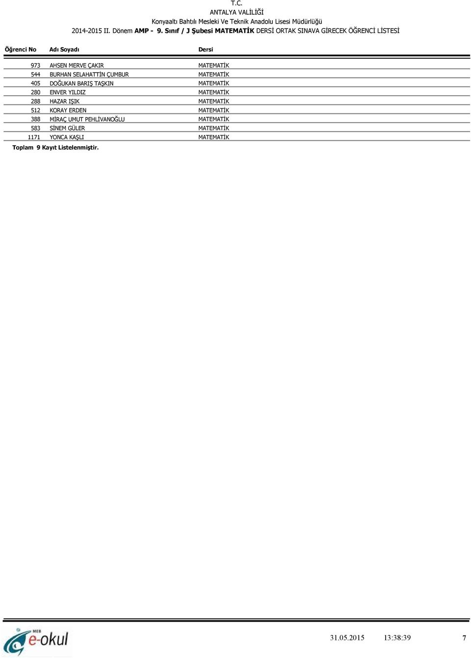 BURHAN SELAHATTİN ÇUMBUR MATEMATİK 405 DOĞUKAN BARIŞ TAŞKIN MATEMATİK 280 ENVER YILDIZ MATEMATİK 288 HAZAR