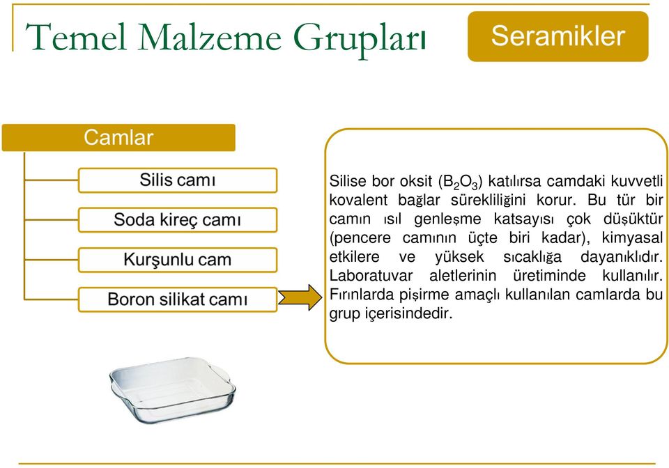 Bu tür bir camın ısıl genleşme katsayısı çok düşüktür (pencere camının üçte biri kadar),