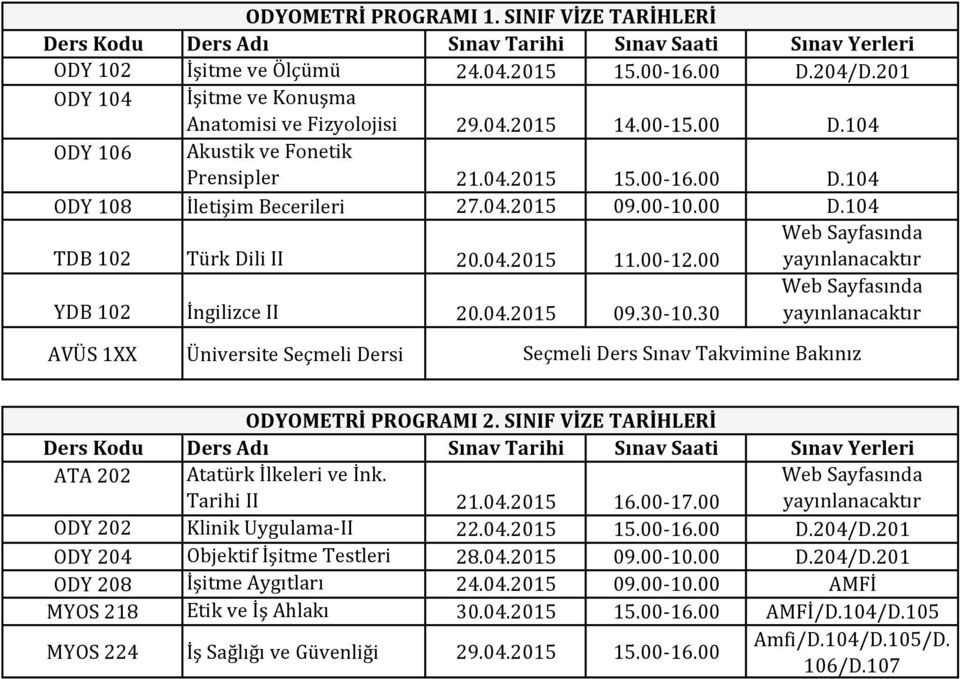 SINIF VİZE TARİHLERİ ODY 202 Klinik Uygulama-II 22.04.2015 15.00-16.00 D.204/D.201 ODY 204 Objektif İşitme Testleri 28.04.2015 09.00-10.00 D.204/D.201 ODY 208 İşitme Aygıtları 24.