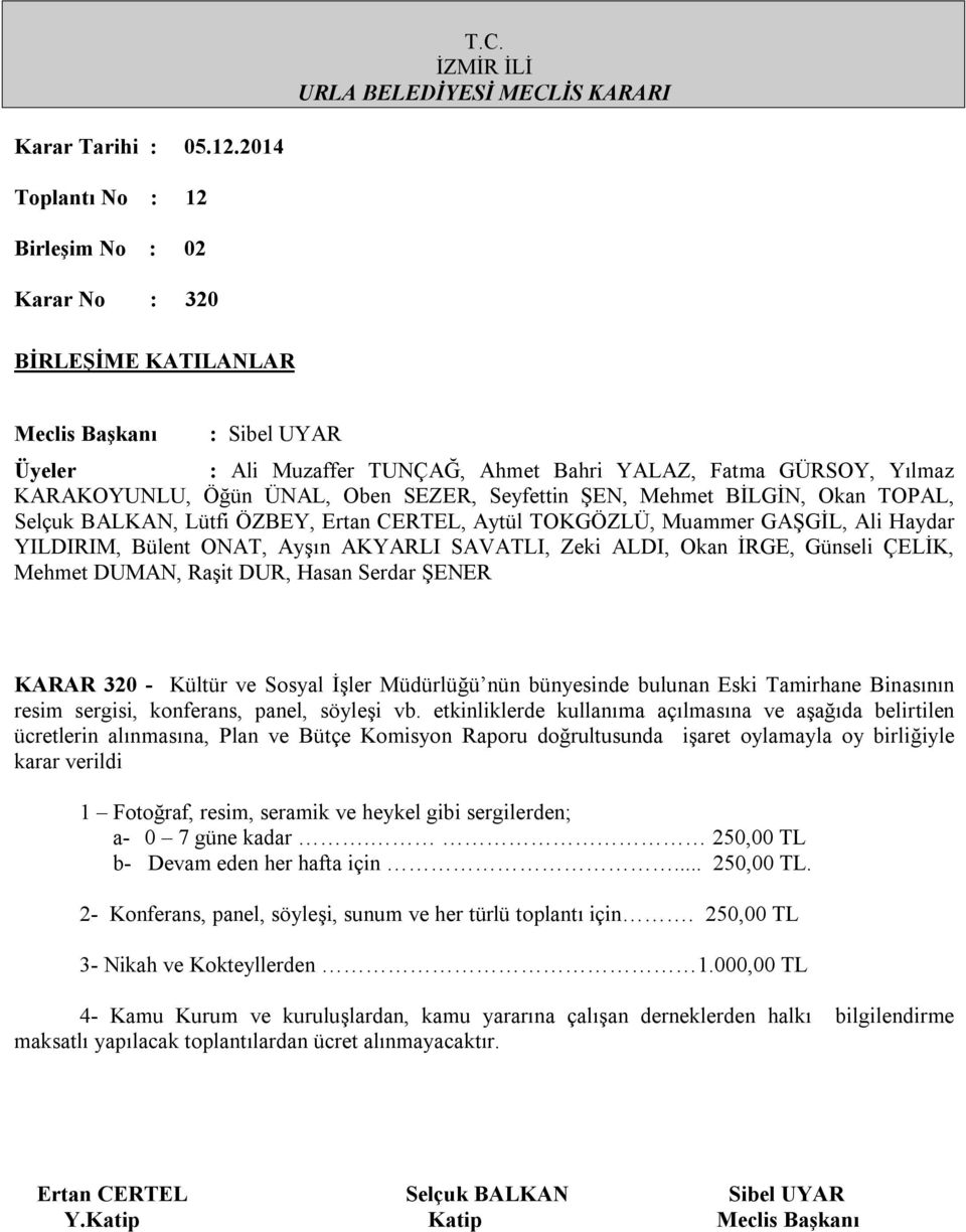 Fotoğraf, resim, seramik ve heykel gibi sergilerden; a- 0 7 güne kadar. 250,00 TL b- Devam eden her hafta için... 250,00 TL. 2- Konferans, panel, söyleşi, sunum ve her türlü toplantı için.