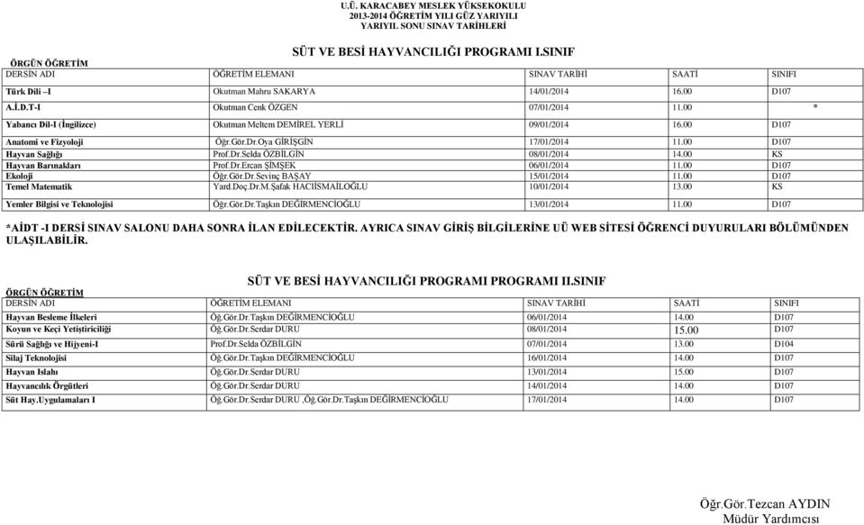 00 KS Hayvan Barınakları Prof.Dr.Ercan ŞİMŞEK 06/01/2014 11.00 D107 Ekoloji Öğr.Gör.Dr.Sevinç BAŞAY 15/01/2014 11.00 D107 Temel Matematik Yard.Doç.Dr.M.Şafak HACIİSMAİLOĞLU 10/01/2014 13.