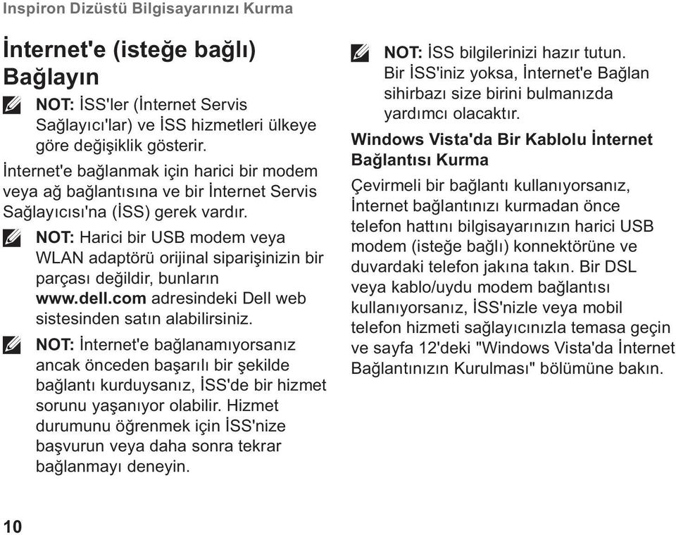 NOT: Harici bir USB modem veya WLAN adaptörü orijinal siparişinizin bir parçası değildir, bunların www.dell.com adresindeki Dell web sistesinden satın alabilirsiniz.