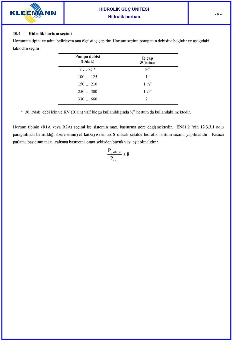 kullanılabilmektedir. Hortum tipinin (R1A veya R2A) seçimi ise sistemin max. basıncına göre değişmektedir. EN81.2 nin 12.3.