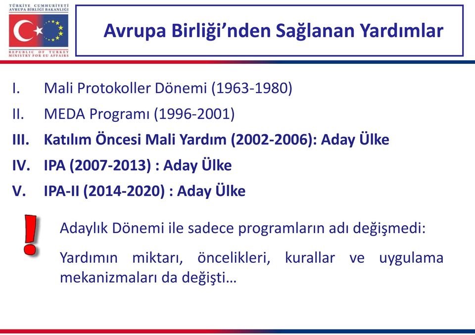 Katılım Öncesi Mali Yardım (2002-2006): Aday Ülke IPA (2007-2013) : Aday Ülke V.