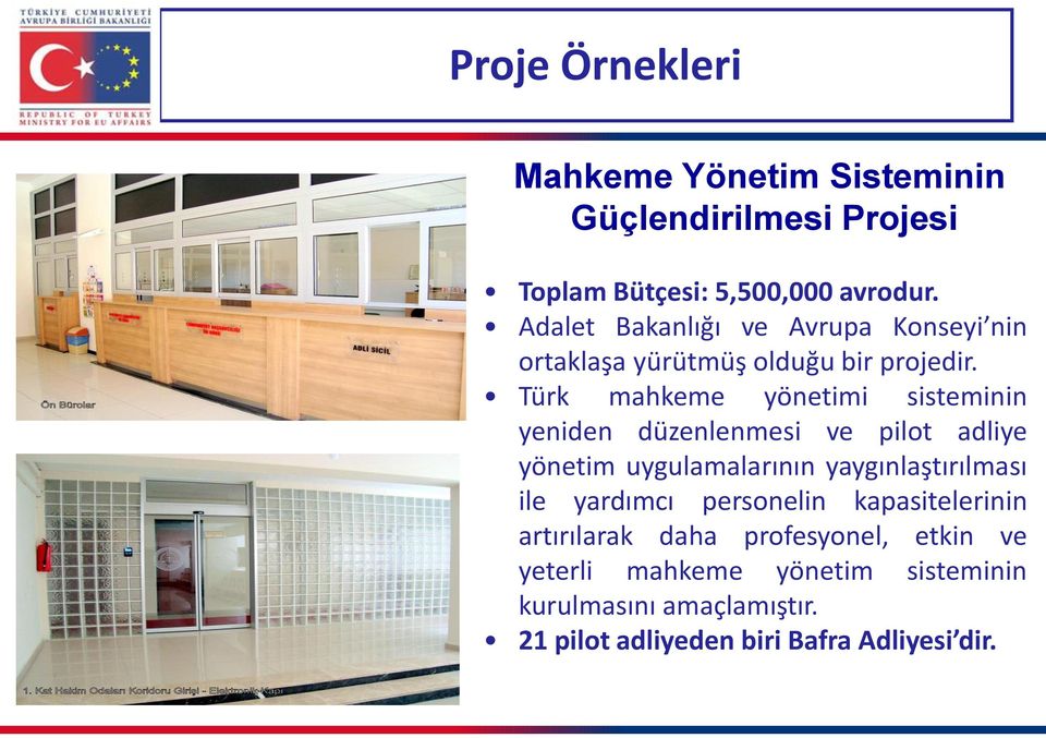 Türk mahkeme yönetimi sisteminin yeniden düzenlenmesi ve pilot adliye yönetim uygulamalarının yaygınlaştırılması ile
