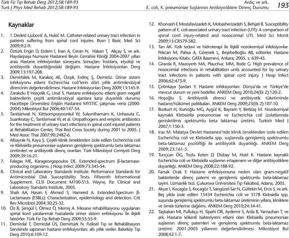 Haydarpaşa Numune Hastanesi Beyin Cerrahisi Kliniği 2004-2007 yılları arası Hastane infeksiyonları sürveyans Sonuçları: İnsidans, etyoloji ve antibiyotik duyarlılığındaki değişim.