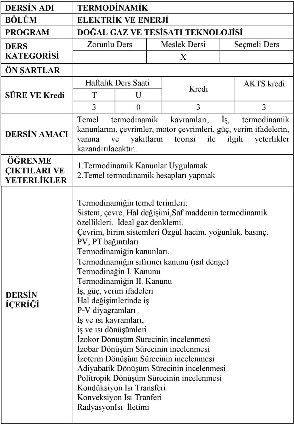 Temel termodinamik hesapları yapmak Termodinamiğin temel terimleri: Sistem, çevre, Hal değişimi,saf maddenin termodinamik özellikleri, İdeal gaz denklemi, Çevrim, birim sistemleri Özgül hacim,