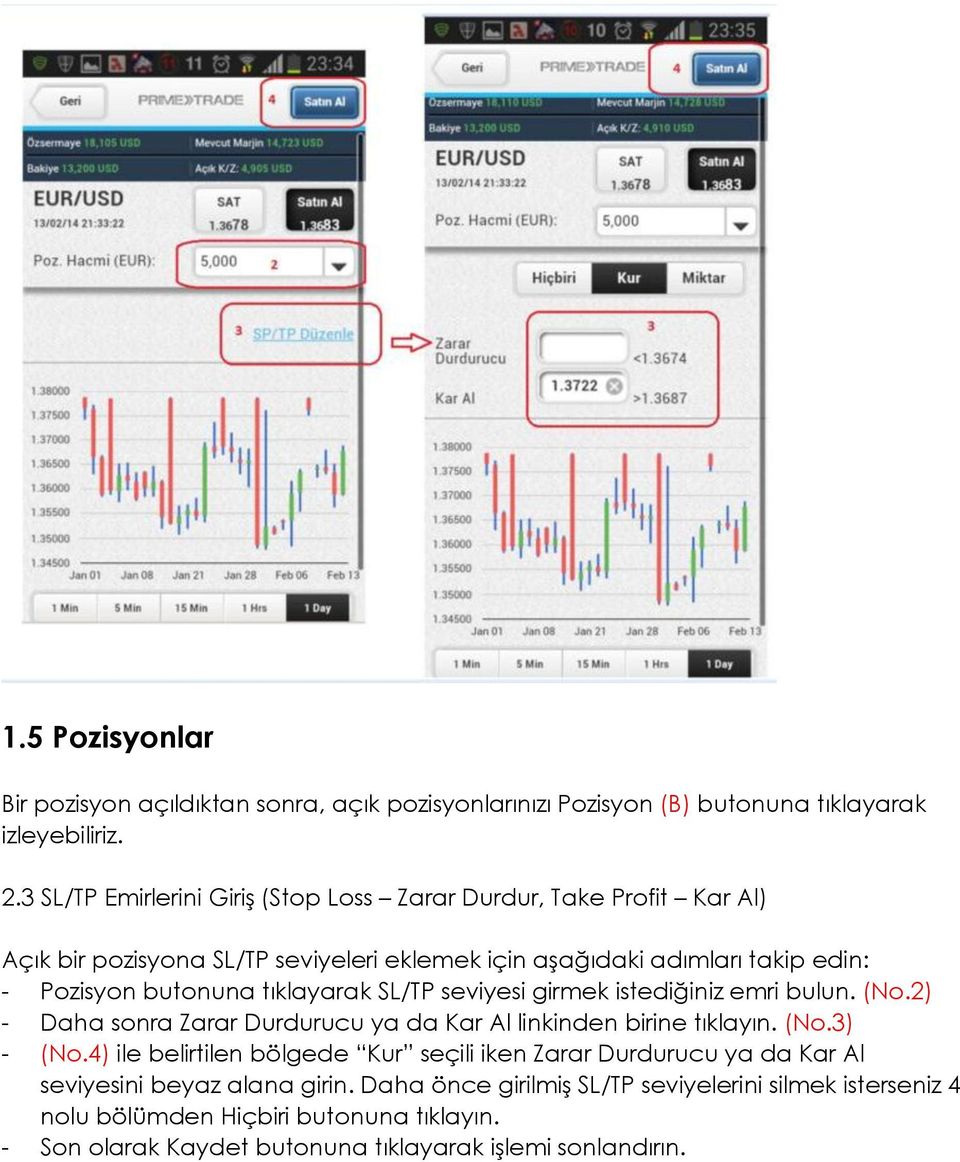 tıklayarak SL/TP seviyesi girmek istediğiniz emri bulun. (No.2) - Daha sonra Zarar Durdurucu ya da Kar Al linkinden birine tıklayın. (No.3) - (No.